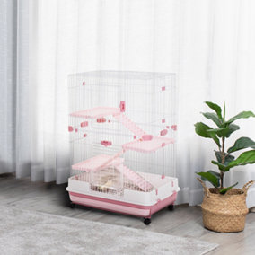 PawHut 4-Level Small Animal Cage, Indoor Bunny House, for Ferrets, Chinchillas w/ Wheels, Slide-Out Tray, Pink, 81 x 52.5 x 114 cm