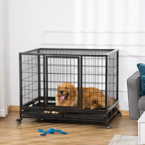 PawHut 43" Heavy Duty Metal Dog Crate Pet Cage with Tray Wheeled Dog Kennel - Black (Large)