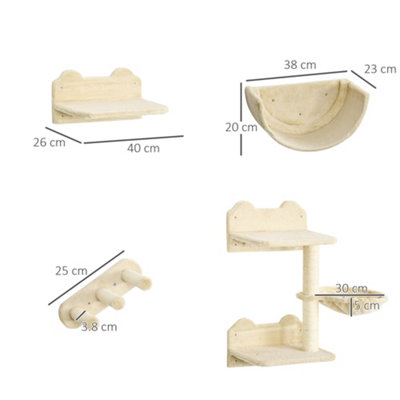PawHut 4PCs Wall Mounted Cat Tree Cat Wall Shelves W/ Scratching Post Beige - 3