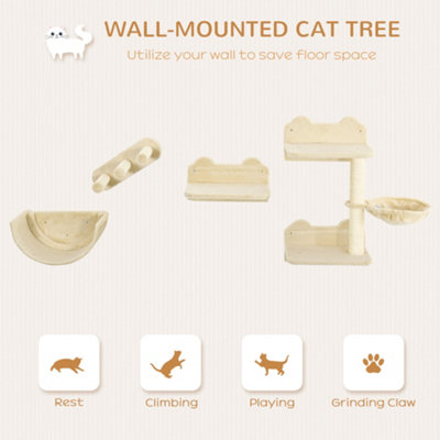 PawHut 4PCs Wall Mounted Cat Tree Cat Wall Shelves W/ Scratching Post Beige - 4