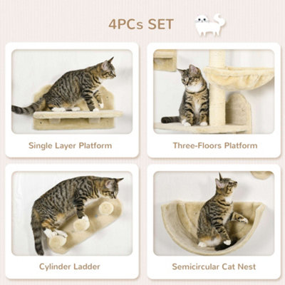 PawHut 4PCs Wall Mounted Cat Tree Cat Wall Shelves W/ Scratching Post Beige - 5