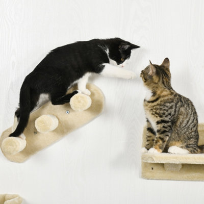 PawHut 4PCs Wall Mounted Cat Tree Cat Wall Shelves W/ Scratching Post Beige - 9
