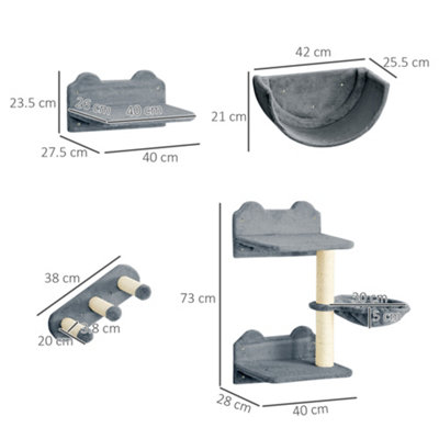 PawHut 4PCs Wall Mounted Cat Tree Cat Wall Shelves W/ Scratching Post Grey - 3
