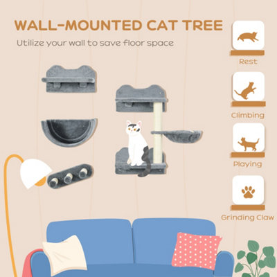 PawHut 4PCs Wall Mounted Cat Tree Cat Wall Shelves W/ Scratching Post Grey - 6