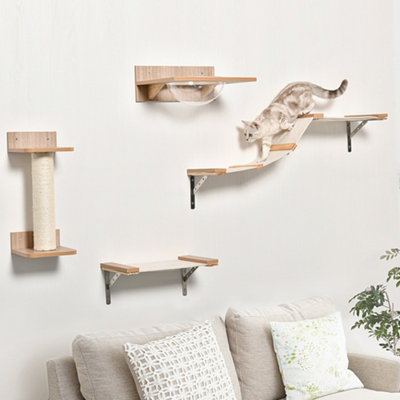 PawHut 4PCs Wall-mounted Cats Climbing Shelf Set Cat Tree Kitten Perch with Hammock Scratching Post Jumping Platform