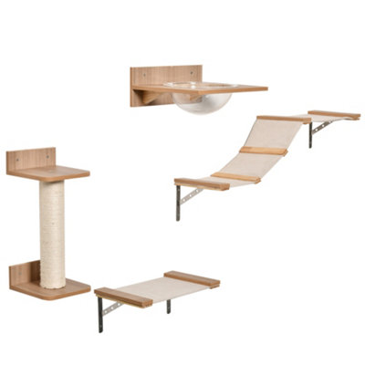 PawHut 4PCs Wall-mounted Cats Climbing Shelf Set Cat Tree Kitten Perch with Hammock Scratching Post Jumping Platform