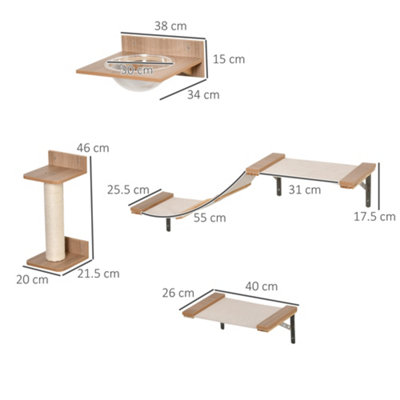 PawHut 4PCs Wall-mounted Cats Climbing Shelf Set Cat Tree Kitten Perch with Hammock Scratching Post Jumping Platform - 3