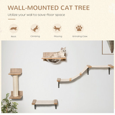 PawHut 4PCs Wall-mounted Cats Climbing Shelf Set Cat Tree Kitten Perch with Hammock Scratching Post Jumping Platform - 4