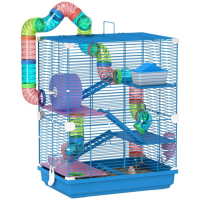 Pawhut 5 Tier Hamster Cage Carrier Habitat w/ Exercise Wheels, Blue