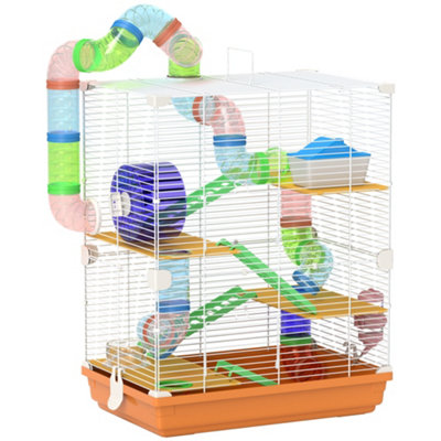 Pawhut 5 Tier Hamster Cage Carrier Habitat w/ Exercise Wheels, Orange