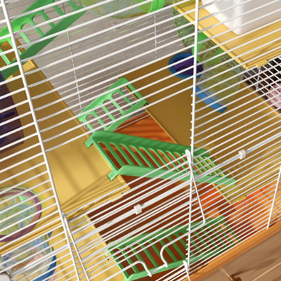 View of Pawhut 5 Tier Hamster Cage Carrier Habitat w/ Exercise Wheels, Orange