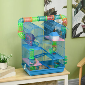 PawHut 5 Tier Hamster Cage Carrier Habitat with Exercise Wheels Tunnel Tube Water Bottle Dishes House Ladder for Dwarf Mice, Blue