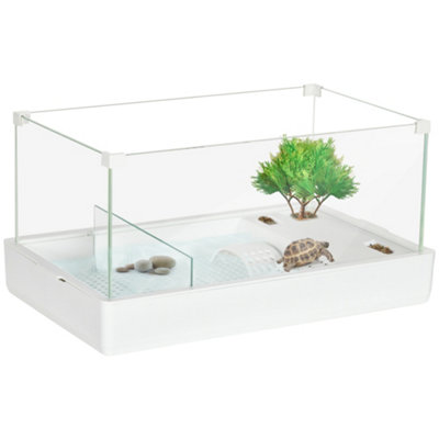 PawHut 50cm Turtle Tank Aquarium, Glass Tank with Basking Platform, Filter Layer Design, White
