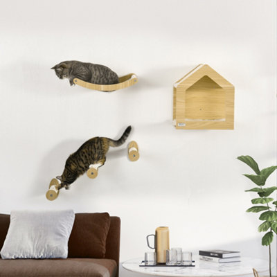PawHut 5PCs Wall Mounted Cat Tree Cat Climbing Shelf Set Scratching Post, Oak Price Comparisons | Compare The Build
