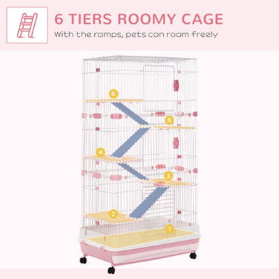PawHut 6-Level Small Animal Cage, Indoor Bunny House, for Ferrets, Chinchillas w/ Wheels, Slide-Out Tray, Pink, 81 x 52.5 x 159 cm