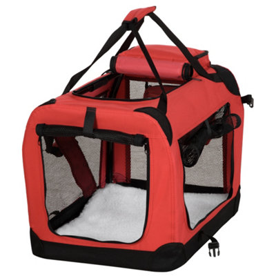 PawHut 60cm Foldable Pet Carrier Soft Side Pet Travel Crate w Mat Red