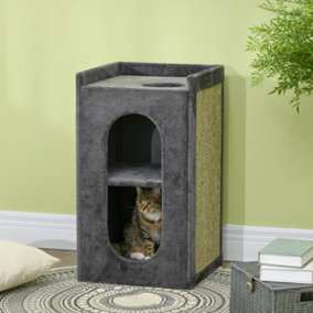 PawHut 81cm Cat Scratching Barrel with Two Cat Houses for Indoor Cats - Grey
