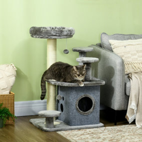 PawHut 92cm Cat Tree Tower with Scratching Posts, Mat, House, Bed, Toy - Grey