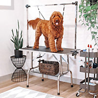 PawHut Adjustable Dog Grooming Table Rubber Top 2 Safety Slings Mesh Storage Basket Heavy Metal Black 107 x 60 x 170cm