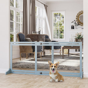PawHut Adjustable Wooden Pet Gate, Freestanding Dog Barrier Fence with 2 Panels for Doorway, Hallway, 69H x 104-183 cm, Blue-grey