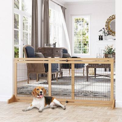 PawHut Adjustable Wooden Pet Gate Freestanding Dog Barrier Fence with 2 Panels for Doorway Hallway 69H x 104 183 cm Natural DIY at B Q