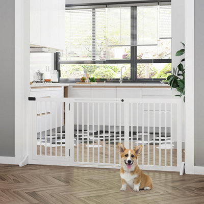 PawHut Adjustable Wooden Pet Gate Freestanding Fence Doorway 3 Panels Safety Gate w Lockable Door White 71H x 113 166W cm DIY at B Q