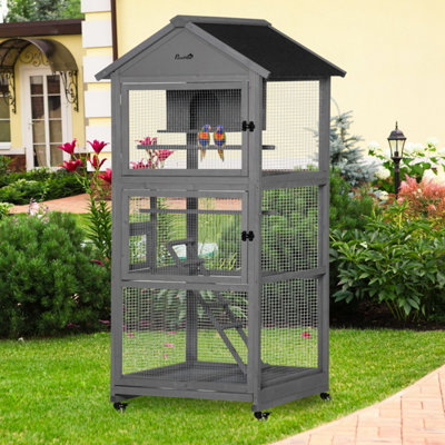 PawHut Bird Cage Mobile Wooden Aviary House for Canary Cockatiel Parrot with Wheel Perch Nest Ladder Slide out Tray Dark Grey