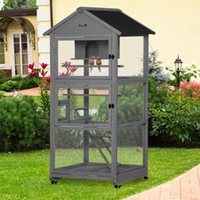 PawHut Bird Cage Mobile Wooden Aviary House for Canary Cockatiel Parrot with Wheel Perch Nest Ladder Slide-out Tray Dark Grey