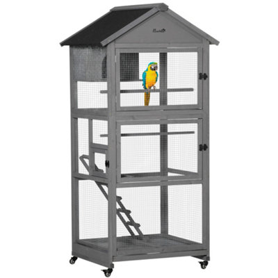 PawHut Bird Cage Mobile Wooden Aviary House for Canary Cockatiel Parrot with Wheel Perch Nest Ladder Slide-out Tray Dark Grey