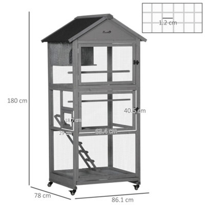 PawHut Bird Cage Mobile Wooden Aviary House for Canary Cockatiel Parrot with Wheel Perch Nest Ladder Slide-out Tray Dark Grey - 3