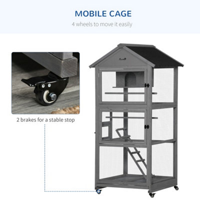 PawHut Bird Cage Mobile Wooden Aviary House for Canary Cockatiel Parrot with Wheel Perch Nest Ladder Slide-out Tray Dark Grey - 6