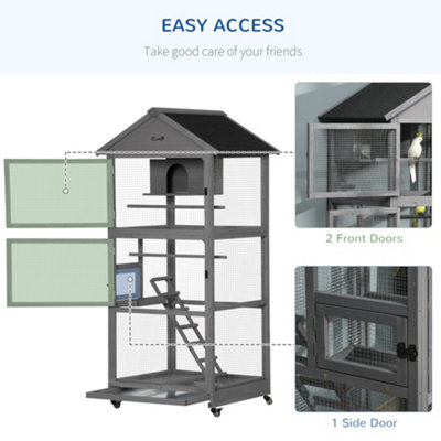 PawHut Bird Cage Mobile Wooden Aviary House for Canary Cockatiel Parrot with Wheel Perch Nest Ladder Slide-out Tray Dark Grey - 7