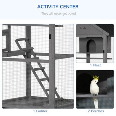 PawHut Bird Cage Mobile Wooden Aviary House for Canary Cockatiel Parrot with Wheel Perch Nest Ladder Slide-out Tray Dark Grey - 5