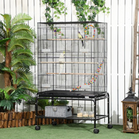 PawHut Bird Cage with Stand, Toys, Wheels, for Canaries, Finches, Lovebirds, Parakeets, Budgie Cage with Storage Shelf - Black