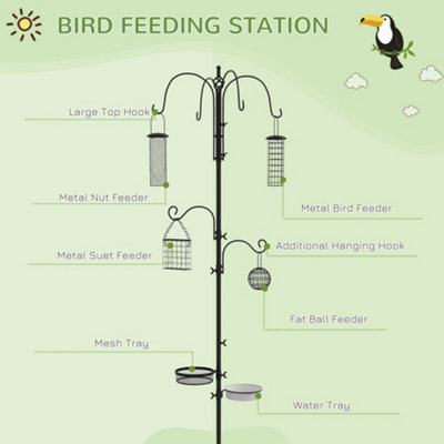 Pawhut Bird Feeding Station Kit Wild Bird Feeder Pole w/ 6 Hooks 4 Prong Bases