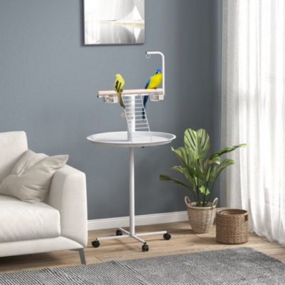 PawHut Bird Table with Four Wheels, Perches, Stainless Steel Bowls ...