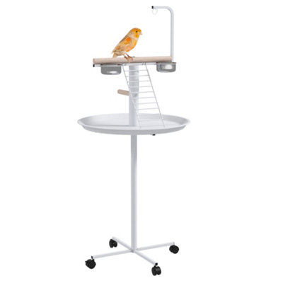 PawHut Bird Table with Four Wheels, Perches, Stainless Steel Bowls, Round Tray