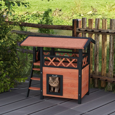 PawHut Cat House Outdoor Kitten Shelter Puppy Kennel w/ Balcony Stairs Roof DIY at B&Q