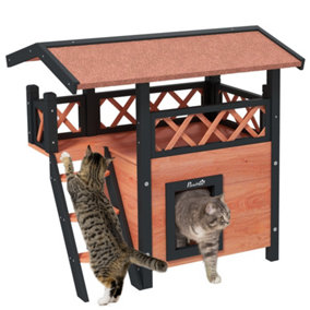 PawHut Cat House Outdoor Kitten Shelter Puppy Kennel w/ Balcony Stairs Roof