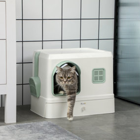 PawHut Cat Litter Box, Hooded Cat Litter Tray w/ Drawer Pan, Scoop, Deodorants