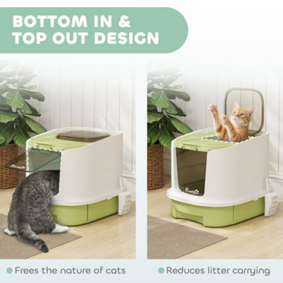 PawHut Cat Litter Box, Hooded Cat Litter Tray with Lid, Scoop, Green