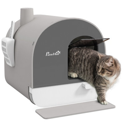 PawHut Cat Litter Box Kitten Litter Tray w Lid Scoop Filter Flap Door Grey