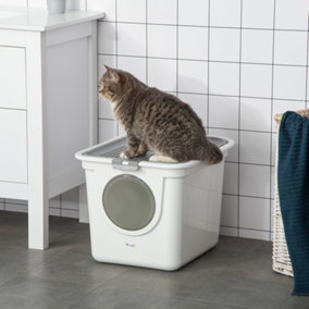 PawHut Cat Litter Box Pet Toilet Enclosed Kitten Pan w/ Front Entrance Top exit Scoop, White