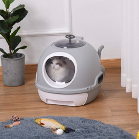 PawHut Cat Litter Box Toilet With Litter Scoop Enclosed Drawer Skylight Easy To Clean Grey