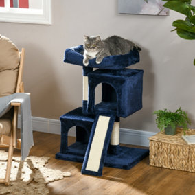 PawHut Cat Rest & Play Activity Tree w/ 2 House Perch Scratching Post Navy Blue
