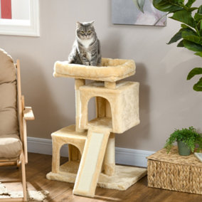 PawHut Cat Rest & Play Activity Tree w/ 2 House Scratching Post Cream White