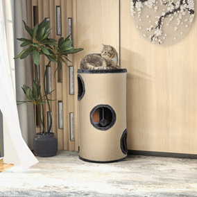 PawHut Cat Scratching Barrel Sisal Activity Center 3 Dens Observation Deck 70H