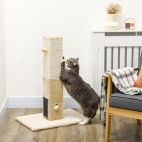PawHut Cat Scratching Post Scratcher Climber w/ Carpet Base Hanging Toy - Beige