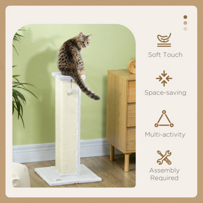 PawHut Cat Scratching Post with Vertical Sisal Rope Ball Plush, 81cm, White