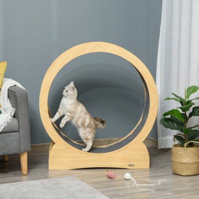 PawHut Cat Treadmill, 30" Wooden Cat Running Wheel with Brake, Natural
